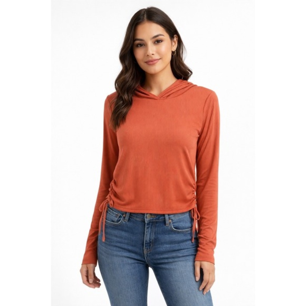 YMI Collections Orange Ribbed Knit Drawstring Hoodie Top L Streetwear Chic 66-20